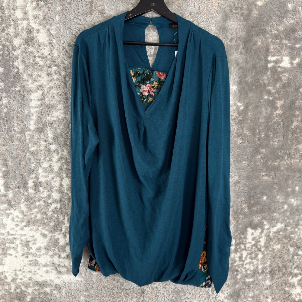 New Suzanne Betro Plus Size 1X Floral Back Cowl Neck Tunic Teal Long Sleeve Wmn